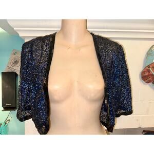 20's 30's MADE IN FRANCE ART DECO NAVY BLUE SEQUIN BEADED SHORT SLEEVE BOLERO